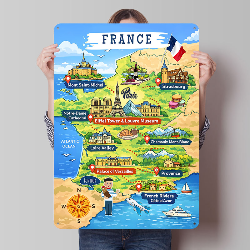 Retro Gaming France - Fransa Seyahat Haritası Karikatür Metal Poster